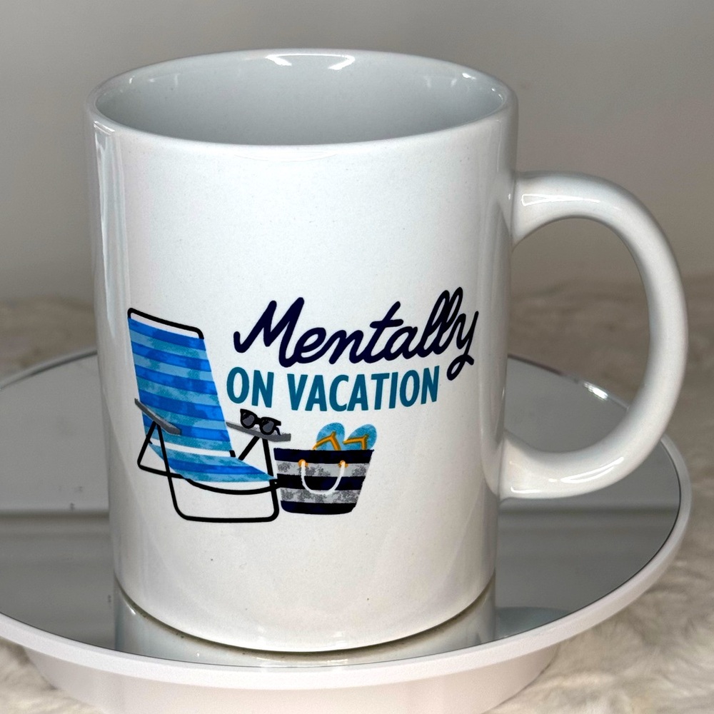 Mentally on Vacation white ceramic 14oz mug, with beach chair & sunglasses